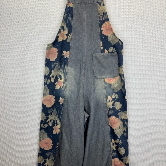 COWOKA Boho Floral Denim Bib Overalls Loose Wide Leg Jumpsuit Suspenders Small - Picture 9 of 13